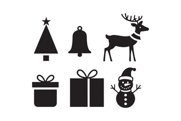 Christmas icons silhouette collection featuring tree reindeer gifts snowman and bell