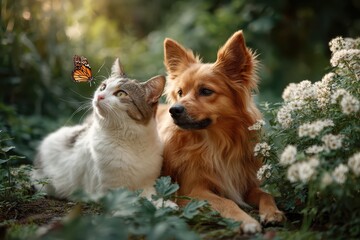 Naklejka premium Cute fluffy friends, a cat and a dog, are mesmerized by a butterfly in a lush garden during golden hour