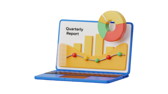 Quarterly Report Data Analysis on Laptop Screen Colorful Charts Graphs