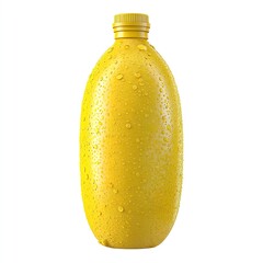 Yellow plastic bottle with water droplets on surface isolated on white background