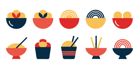 A delightful collection of asian cuisine icons, showcasing various bowls filled with noodles, rice, and dumplings, perfect for menus, websites, and culinarythemed designs isolated on white background