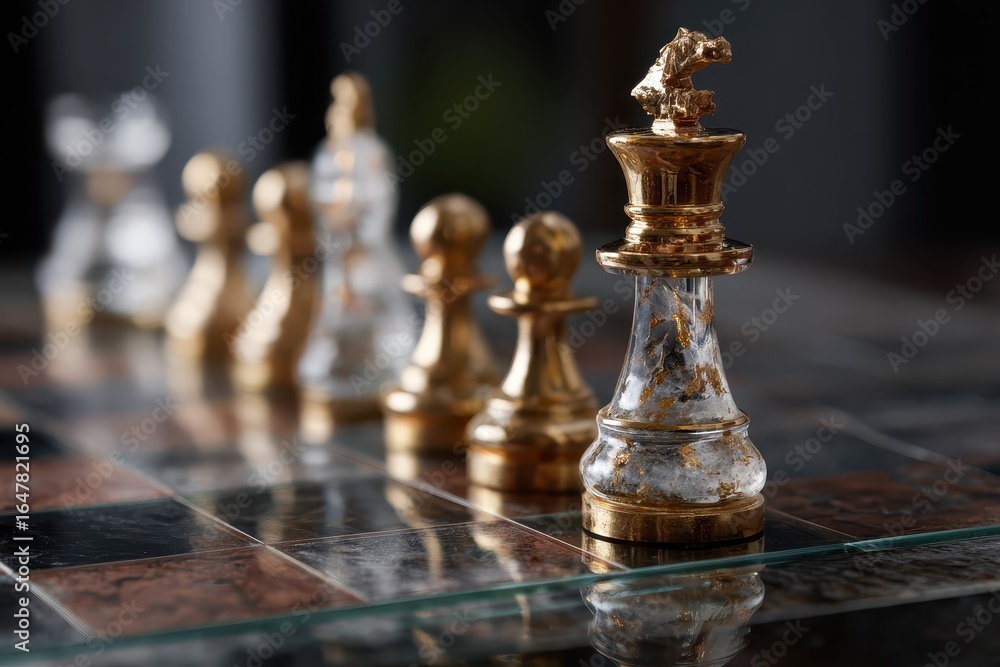 Poster stunning macro depiction of elegant chess pieces arranged strategically on a polished board showcasi