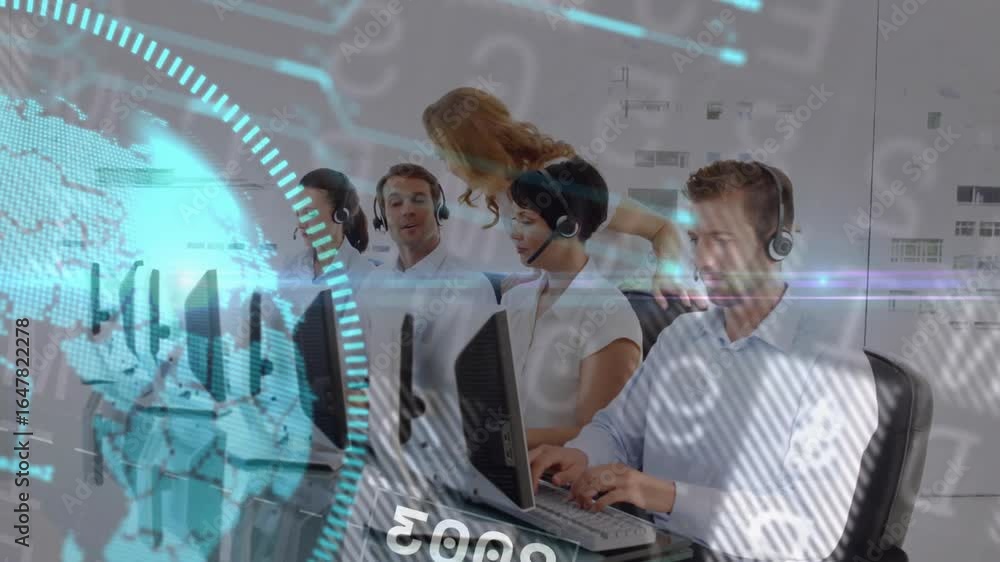 Poster globe streaming data fading over call center agents while supervisor guiding typing