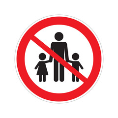 This circular sign has a red border and a diagonal line over silhouettes of an adult and two children, indicating restrictions on adult supervision in certain areas