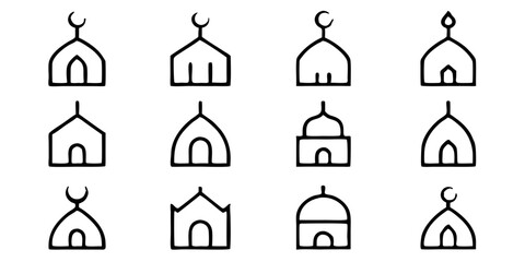 Collection of mosque dome outline icons isolated on white background for islamic design elements, ramadan kareem, eid mubarak, and muslim community celebrations