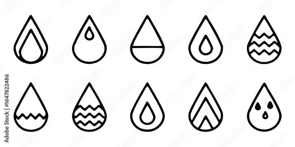 Poster collection of water drop icons isolated on white background a set of minimalist and clean line art d