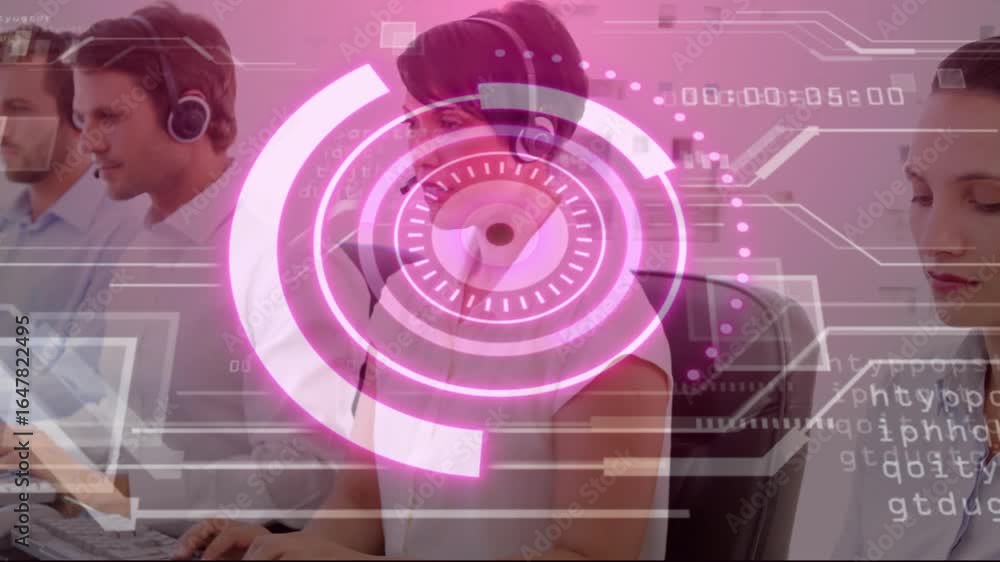 Aufkleber call center agents typing keys activating pink hud rotation while speaking for customer support