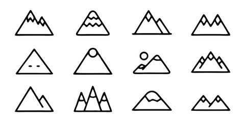 Set of minimalist mountain icons isolated on white background a collection of simple line drawings depicting various mountain shapes and landscapes, perfect for logo design and outdoorthemed projects
