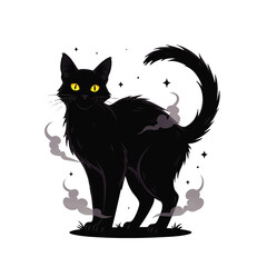 Obraz premium Silhouette of a black cat with glowing eyes, surrounded by smoke and stars, in a Halloween-themed graphic design.