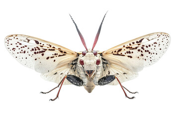 Close-up of a striking white and black moth with red eyes and intricate wing patterns.