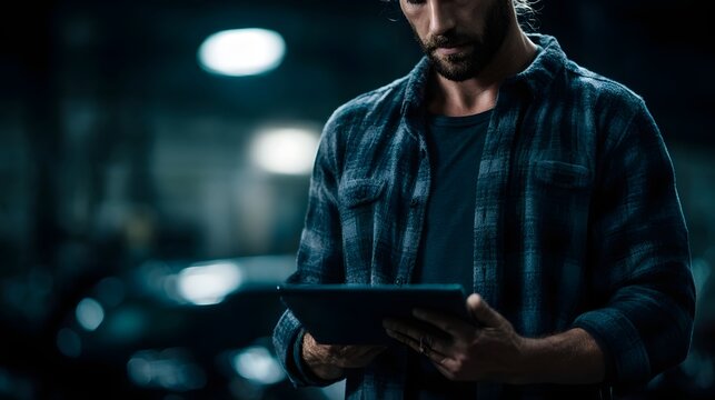 Mechanic using tablet to diagnose car engine in dimly lit garage