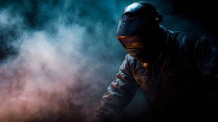 Obraz premium Welding worker in protective gear amid dramatic lighting and sparks