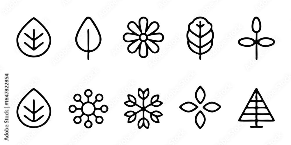 Poster set of minimalistic line icons representing nature elements isolated on white background, including 