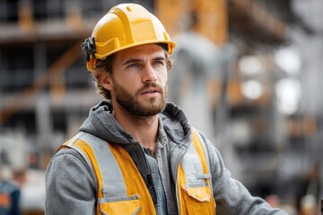 Construction worker on site wearing safety helmet and reflective vest during project in urban setting under bright daylight