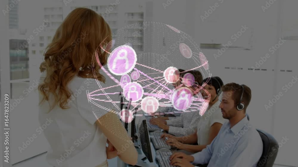 Poster supervisor pivoting toward team after network graphic orbiting call center desks showing data flow