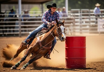 Female barrel racer on a powerful bay horse turning sharply around a red barrel in a dusty rodeo arena kicking up dirt