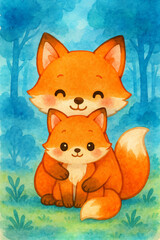 Whimsical watercolor illustration of an adorable parent fox embracing baby fox in vibrant orange tones with blue forest background, ideal for nursery, wall, print