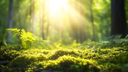 Obraz premium Lush moss with vivid sunbeams in forest high resolution picture