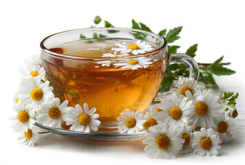 Herbal camomile tea isolated on white background
