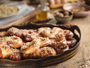 A close-up presents freshly baked Mucenici, adorned with honey and walnuts, resting on a wooden tray. A glimpse of other ingredients suggests a warm, traditional baking setting