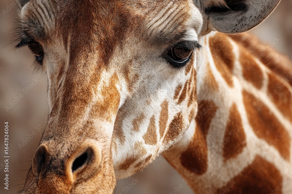 Poster closeup capture of a giraffe head showcasing intricate patterns and details in natural habitat durin