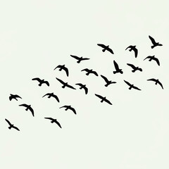 Silhouette flock of birds in flight against a plain, neutral background.