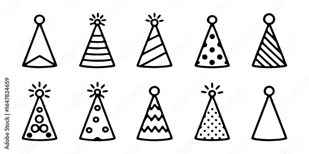 Poster party hats isolated on white background a collection of festive cones with various patterns and spar