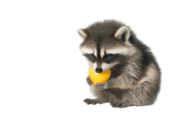 Adorable raccoon holding a small orange fruit with curious eyes.