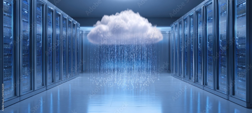 Poster the cloud casting digital rain over rows of server racks in modern data center