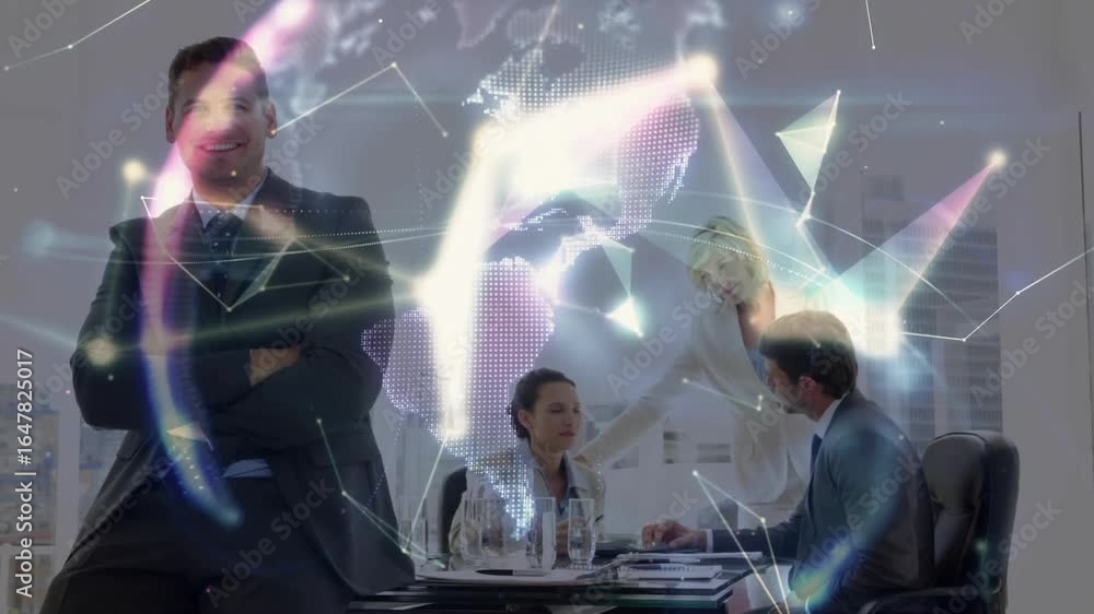 Poster colleagues discussing business around meeting table when network lines forming rotating data globe