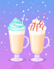 Two glasses of ice cream with blue and pink swirls