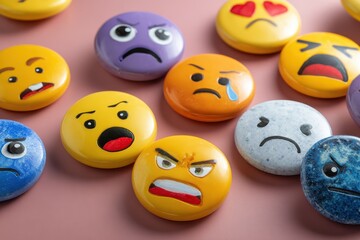 Colorful emoji faces showcase a range of emotions on a playful background in an artistic arrangement that captures feelings vividly and expressively for various moods