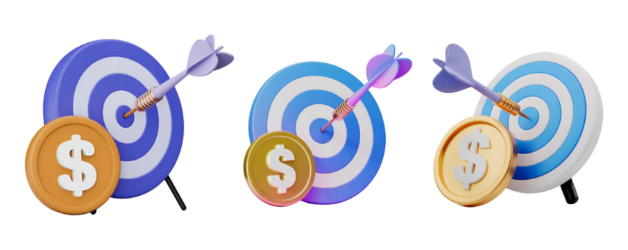 Darts hitting bullseye targets with dollar coins symbolizing financial success and accuracy