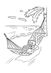 Woman working on a laptop while lying in a hammock on the beach under a palm tree. Concept of remote work, digital nomad lifestyle and work life balance