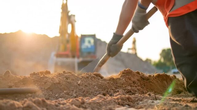Construction worker using shovel digging dirt on construction site at sunset light