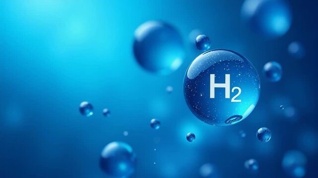 A close-up of water bubbles featuring the chemical symbol for hydrogen