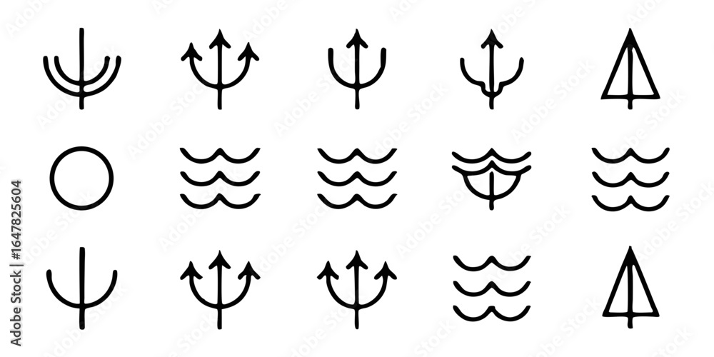 Poster collection of minimalist trident and wave icons isolated on white background simple symbols represen