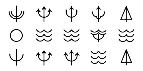 Collection of minimalist trident and wave icons isolated on white background simple symbols representing the sea, mythology, and ancient gods in a clean and modern style
