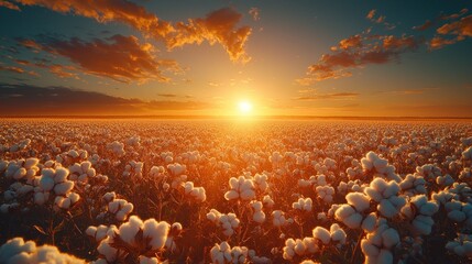 Obraz premium Vast cotton field at sunset. Golden light bathes a field of fluffy white cotton bolls, stretching to the horizon as the sun sets. Vibrant colors