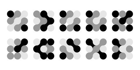 Integration connection dot logo. Innovate icon for brain neuron. Artificial nano material pattern. Circular square grid shape, organic biotech liquid, future energy globe molecule. Chemical mind link