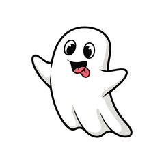 Obraz premium Cartoon illustration of a happy white ghost with a playful expression and its tongue sticking out, floating on a white background.