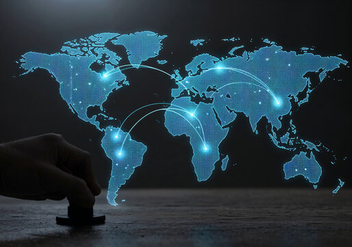 A digital glowing world map interconnected with arcing, glowing lines linking multiple bright dots across continents, symbolizing a global network or connection.