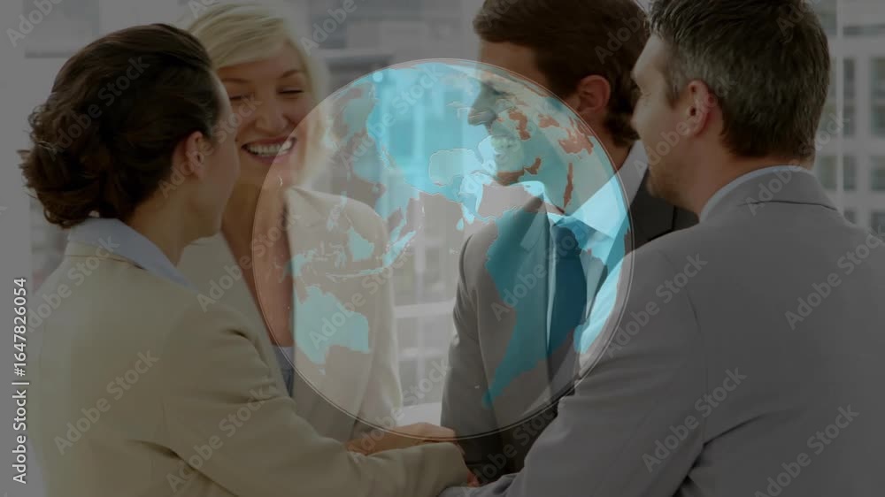 Poster Business team handshaking and initiating globe overlay, linking hands in stack symbolizing unity