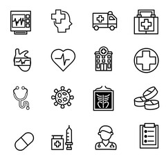 Minimalist Line Art Vector Set of Health and Wellness Icons. Hand Drawn Medical Symbols, Healthcare Tools, and Clean Design Elements for Digital Projects.