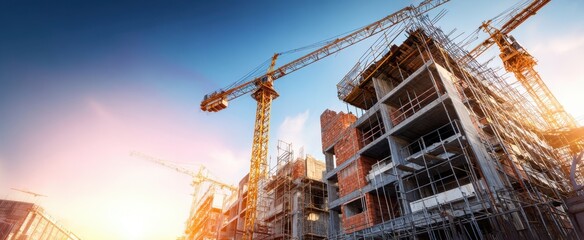 The construction site with tower cranes and skeletal high-rise structures at golden sunset