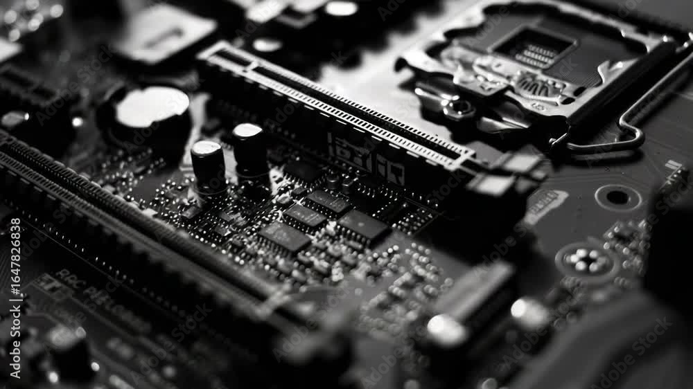 Poster a detailed view of the inner components of a computer motherboard