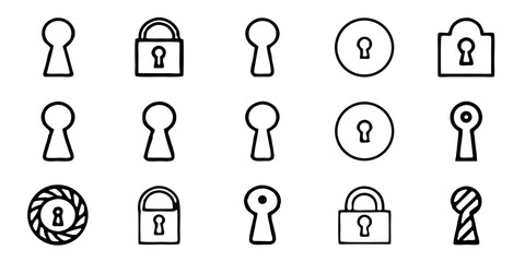 Collection of keyhole and lock icons isolated on white background a set of simple black and white line drawings depicting various keyholes and locks for security and access concepts