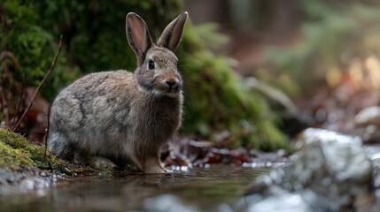 Fototapeta premium Rabbit drinking from a clear stream in a lush forest setting