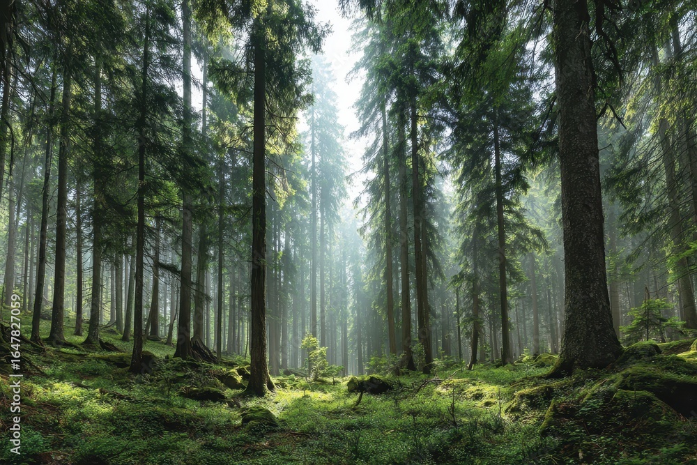 Poster panoramic view of a vast forest showcasing towering trees illuminated by soft light filtering throug