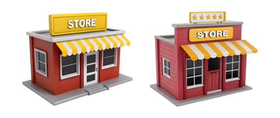 Two 3D model stores yellow and red awnings